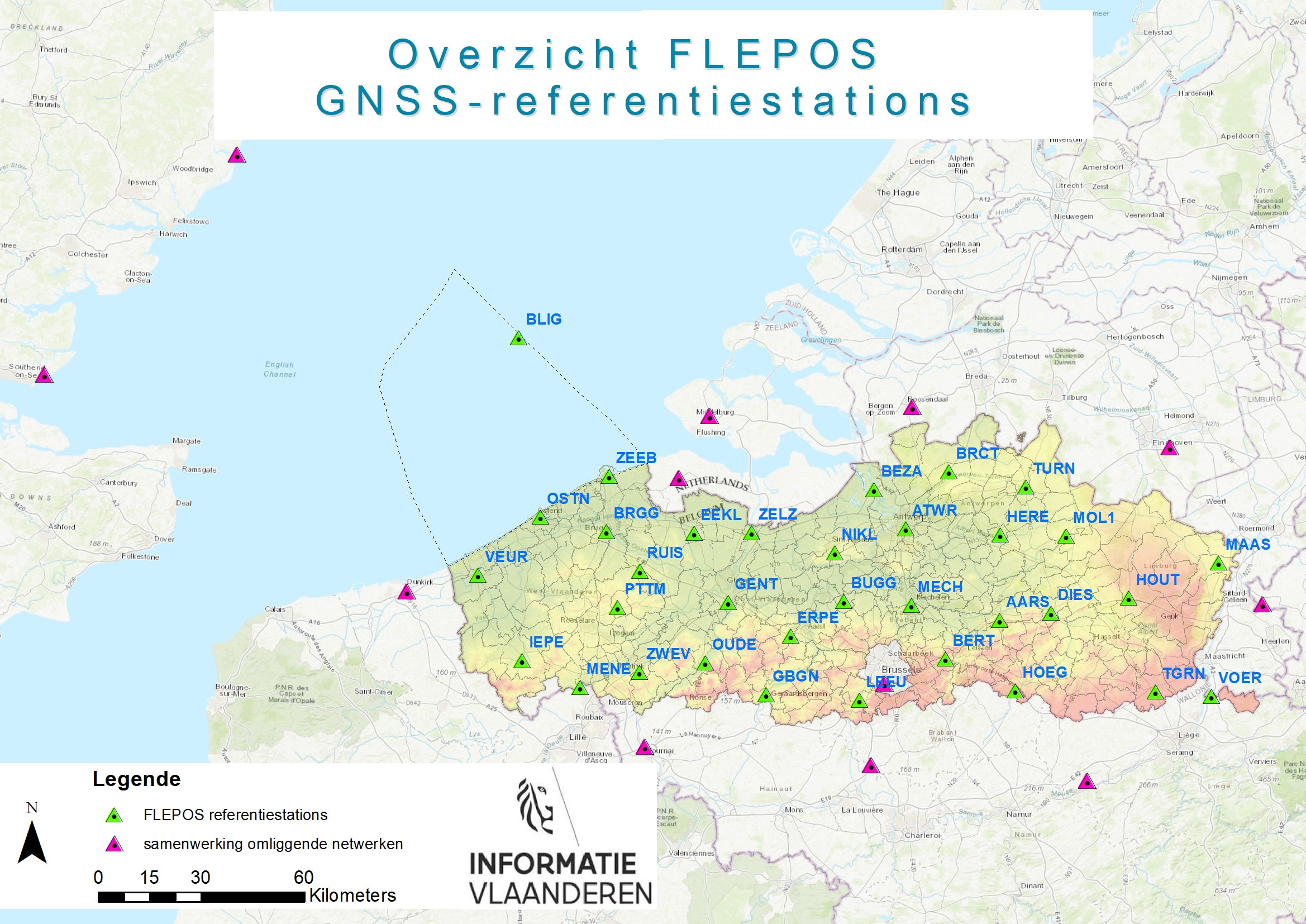 Kaart met overzicht van de Flepos GNSS-referentiestations